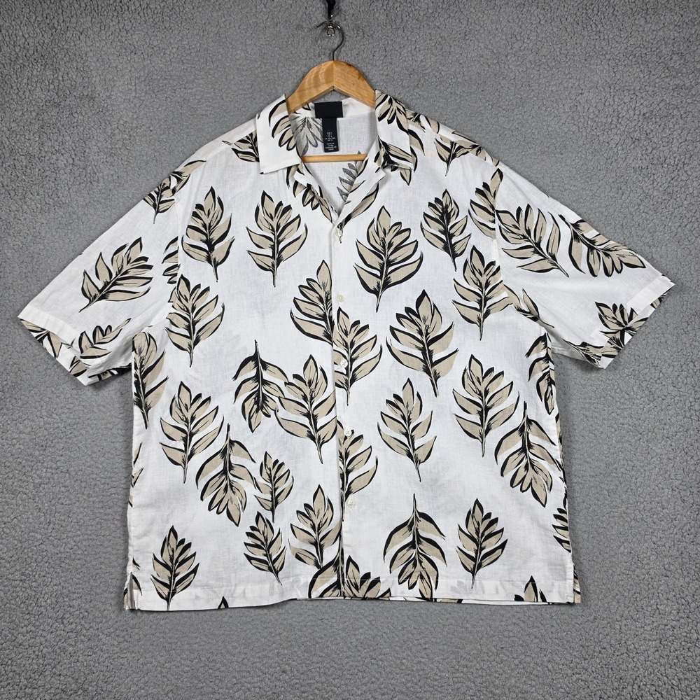 H&M Shirt Mens Large White Floral Plant Print Linen Relaxed Boxy Open Collar